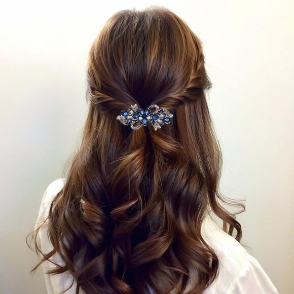 Navy Blue Flower Hair Clips Rhinestone Hairpins Elegant Gift for Women - Picture 3 of 8